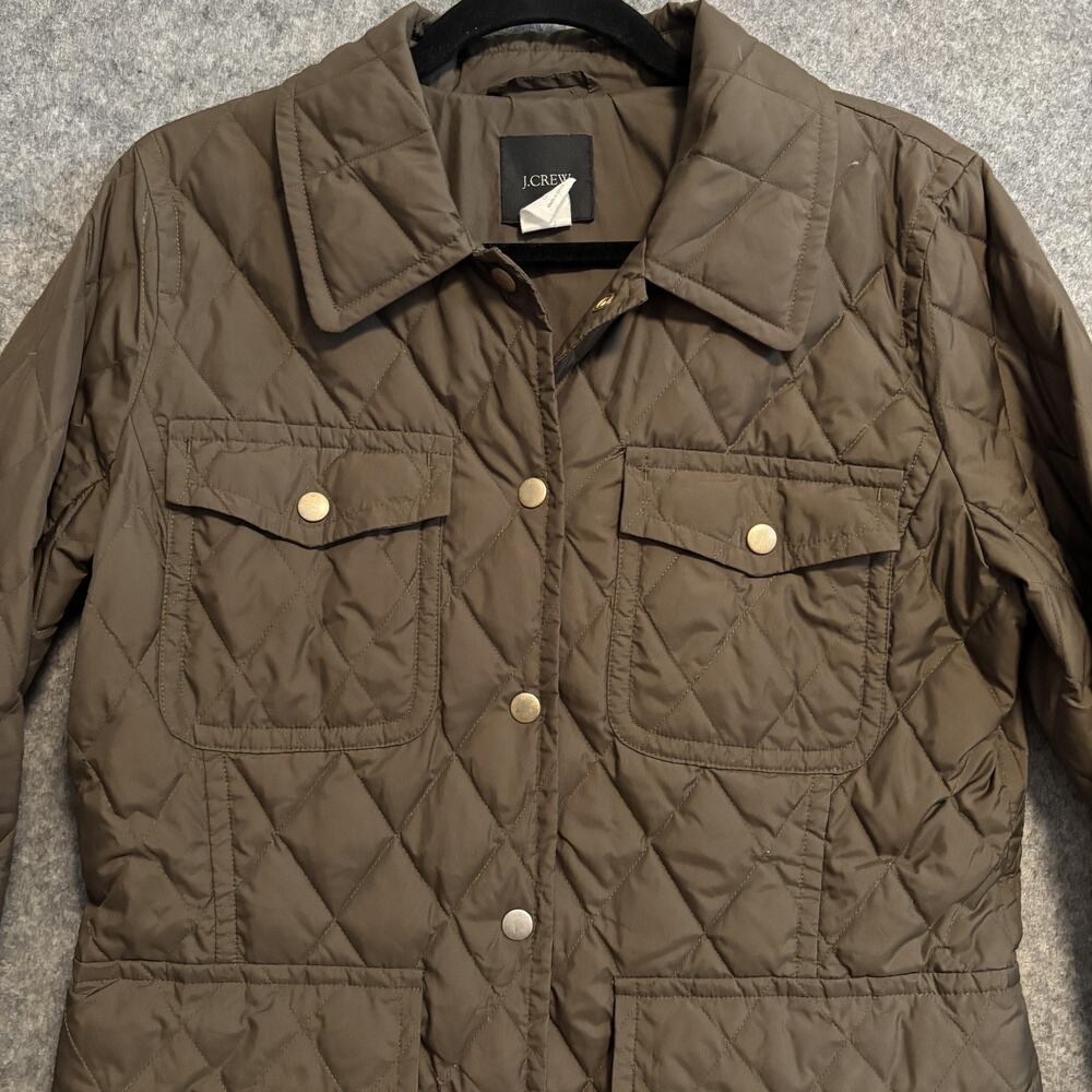 J Crew Jacket Womens Size Medium Green Quilted Down Snap Pockets Mid Length Coat - Picture 2 of 14